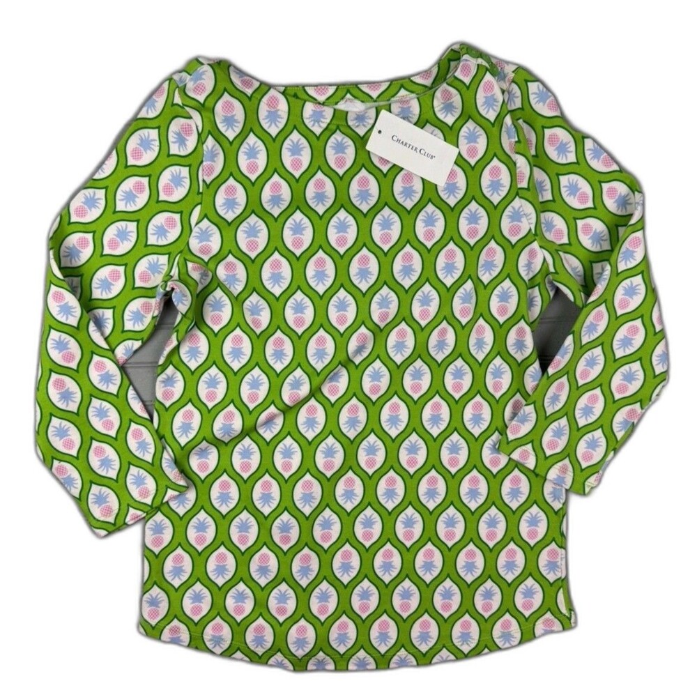 Charter Club Size S Womens Top Green Print Long Sleeve Stretch